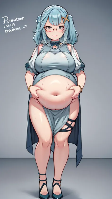 (Full body, glasses, detailed), An image of a pregnant girl with her belly on full display and high heels. She has a smug face. (Shes very sweaty and steamy)