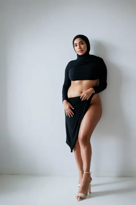 RAW photo,candid photograph, full body,photo of a beautiful,influencer,30yo Arab woman,black hijab, detailed skin, naked, looking at viewer, thick body structure,white background,no background, candid pose,blue light, film grain, kodak color, instagram LUT