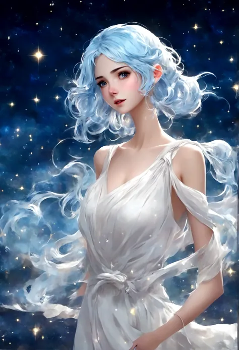 Character (adult woman) (light blue hair) (white dress-style clothing) (character in dynamic pose) (full body in frame) (starry night sky background)