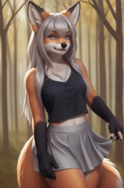 long silver hair, blue eyes, skirt and a black top,((fur,fox girl,silver fur,)), (human),(((super realistic, realistic, photorea...