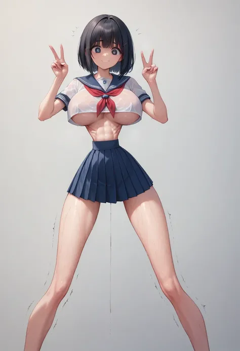 (masterpiece, best quality:1.2), front shot, 1girl, kawaii, (super big breasts, micro waist, very long legs:1.4), Black hair, short bob hair, short height, scrawny and thin body, Light Skin, cute big eyes, cute beautiful thin face, cute smile, serafuku, pi...