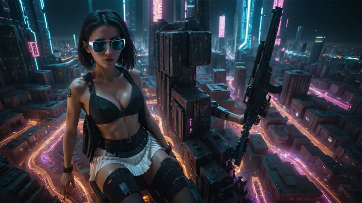 Cyberpunk female plagiarist immersed in digital theft, neon-lit alias within a vast online labyrinth, grotesque grunge brushing into surrealism, illuminated by kaleidoscopic volumetric light, a detailed masterpiece reminiscent of Moebius distinctive style,...