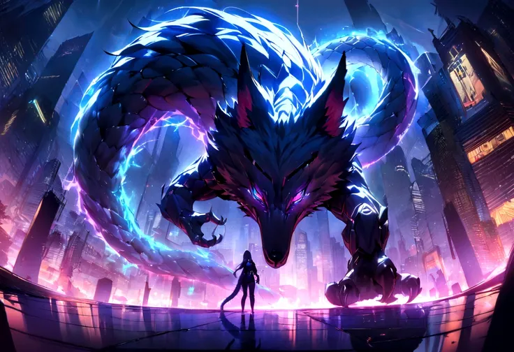 ((masterpiece, Highest quality, Best image quality, High resolution))A wolf with a snake&#39;s tail、 Glowing blue eyes and advanced cybernetic enhancements. The giant demon is seen in a dynamic action pose, Neon-lit rooftop, reflection on a smooth surface....