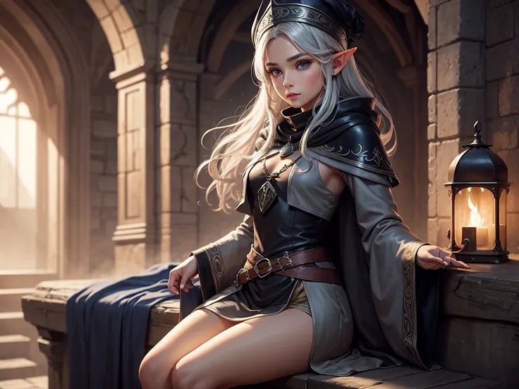 medieval setting, full view of body, 1 female elf mage,beatiful smokey eyes, silver hair, black mage robe with gambeson, wizard hat, leather boots