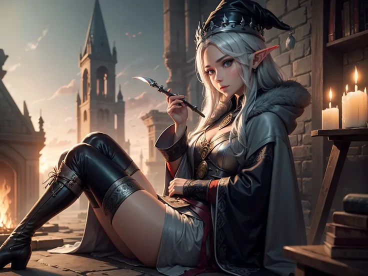 medieval setting, full view of body, 1 female elf mage,beatiful smokey eyes, silver hair, black mage robe with gambeson, wizard hat, leather boots