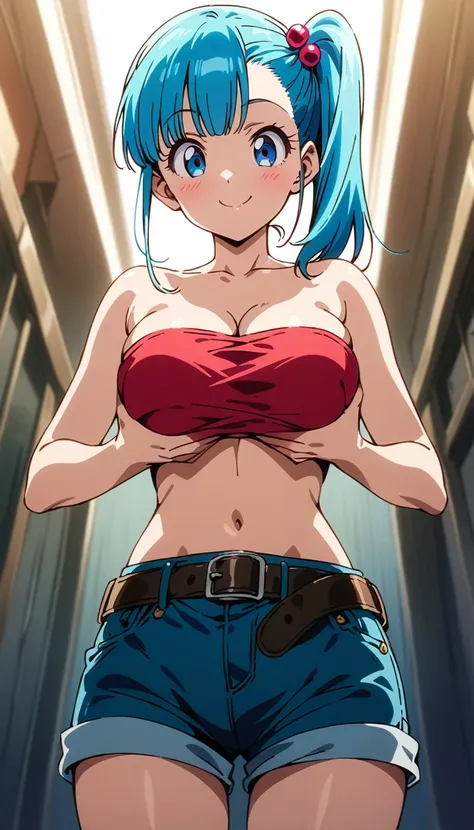 score_9, score_8_up, score_7_up, BREAK from front,from front,straight-on,(breast grab lift),standing,,mediumshot,1girl,bulma, blue eyes, blue hair,bare shoulders, belt, cleavage, hair bobbles, hair ornament, hair over shoulder,medium breast,midriff, navel,...