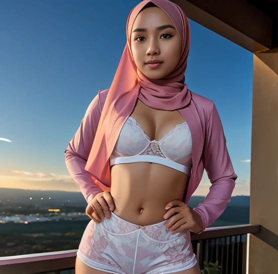 malay teen sexy seducing pose, sunrise,waterfall view, mira filzah:1.9), wearing hijab, pastel color hijab, unbutton jacket see a lace bra and pastel long gym outfit, small , small breast, flat chest, wide waist, thick thighs, bright lighting, plum camelto...