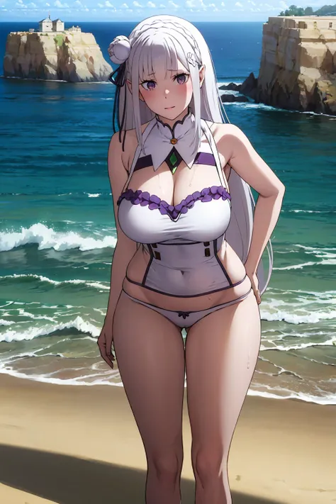 Emilia, white hair, posing, sexy, white clothes, beach, big breasts, thick thighs, hot, swimsuit, wet