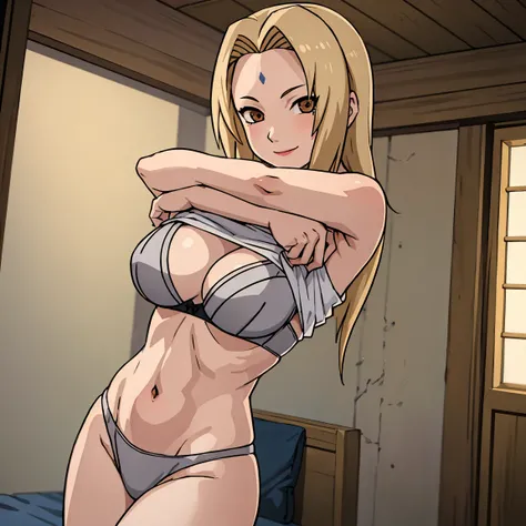 high quality , masterpiece , 1girl,solo ,  shirt lift, undressing, 1Tsunade, blonde hair, brown eyes,, forehead mark mature woman,(narrow_waist), thigh、big breasts,, underwear and bra underneath , smile, bedroom 