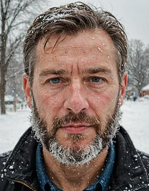 Close up picture, 50 year old man with frozen beard, coldness outside, snow storm, face freezing