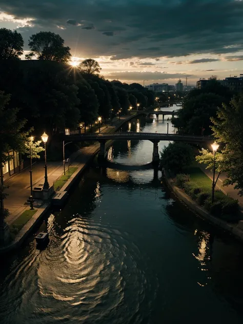 City, river, trees, dramatic lighting