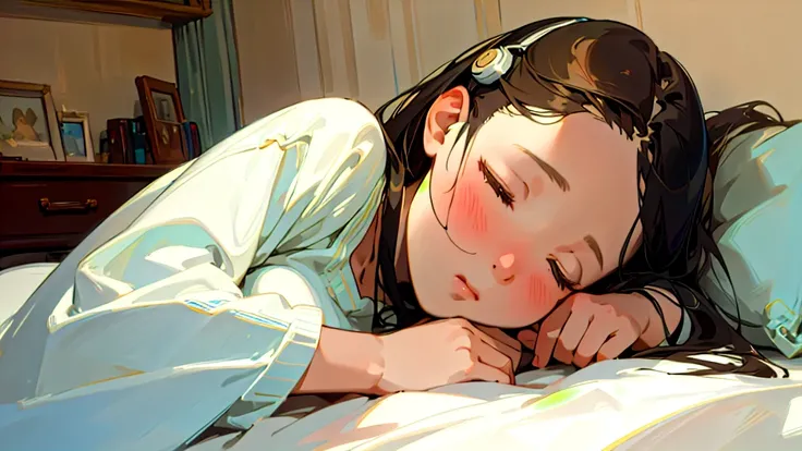 (Highest quality, Masterpiece, Ultra-realistic), Beautiful and delicate１５Year-old girl portrait, With a calm expression, The background is the bedroom at home.。Sleeping while listening to music through headphones。