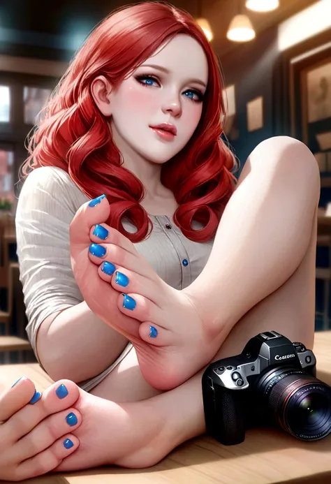 best quality, ultra-detailed, realistic:1.37), 23 year old pale beautiful woman’s feet, blue nail polish, swedish female, dyed r...