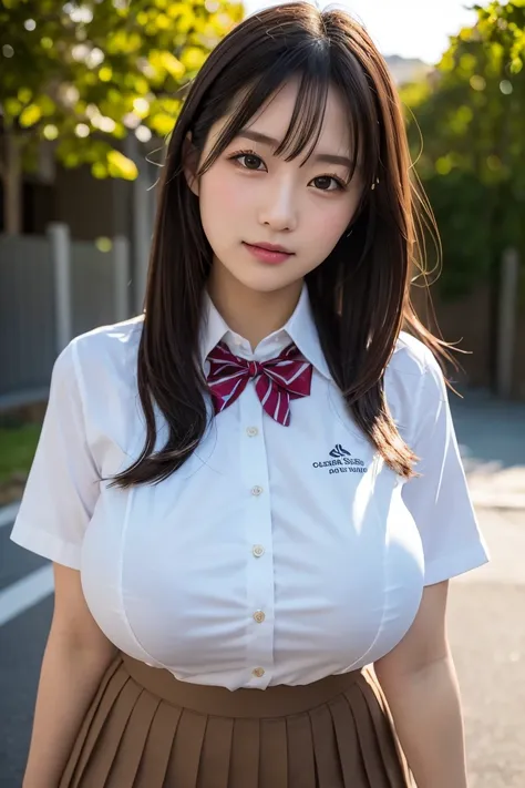 (Best quality,masterpiece,ultra detailed,8K,RAW photo,realistic,high resolution:1.2),(Pretty Japanese girl),(Super huge tits:1.4),(light brown hair),(school uniform,white collared shirt,pleated skirt:1.4),(voluptuous:1.4),(shoulder length),(light smile),(c...