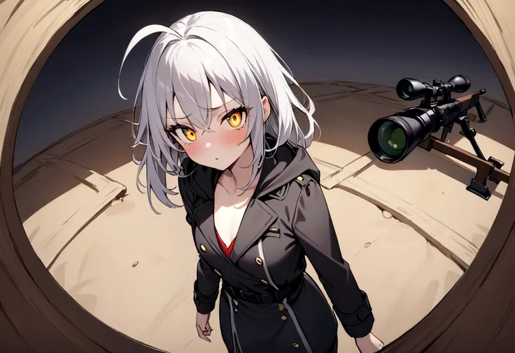 (masterpiece, best quality:1.2), 1girl, 独奏,Black military uniform、Looking through the scope、Point your gun at us、Grey long hair、Ahoge、Yellow Eyes、Ready your gun?、sniper rifle、Background of military bases、Fisheye Lens、battlefield、Shadows of light and darkne...