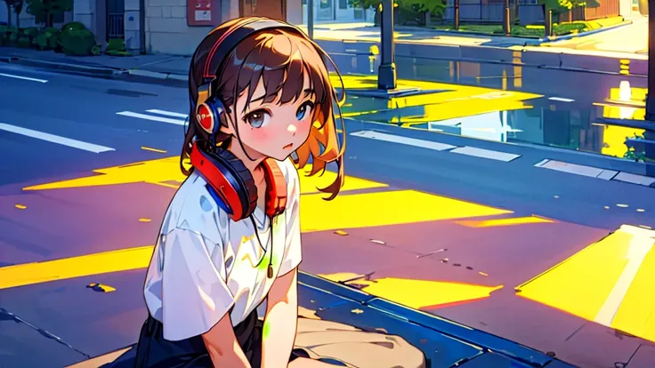 (Highest quality, Masterpiece, Ultra-realistic), Beautiful and delicate１５Year-old girl portrait, With a calm expression, The background is a quiet street in the evening.。While listening to music with headphones、Looking at me。Full Body