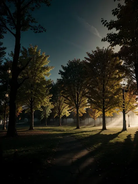 City, trees, dramatic lighting