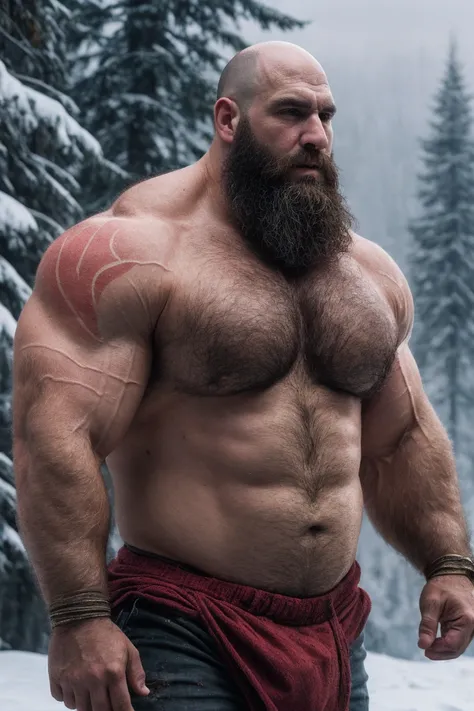 Hyperrealistic Very Realistic 8K Resolution Very Realistic Best Ultra High Definition resolution Very Realistic Photorealistic picture of a realistic bearded hairy Bald Kratos man in the snow, handsome stocky black, man with on, God of War Ragnarok Kratos,...