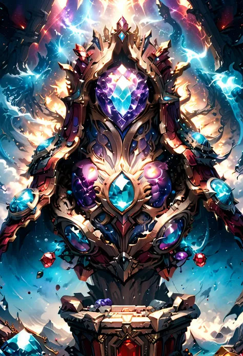 a picture of a massive epic throne, it has purple silk cushions, rubies, topaz, aquamarine gemstones artwork, the throne is epic in its majestic, power, and royalty, symmetric with many wood decorations and gem artwork, behind the throne there are stars an...