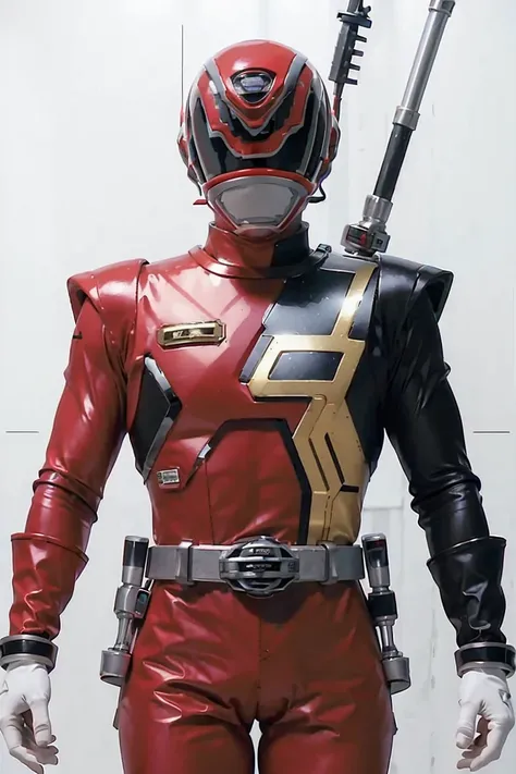 Fantasy background, space, planet exploration, , (power rangers)), One guy、, ((red ranger suit)),  chest armor with gold details,   costume, Solo, ((fit figure)), (Anatomically correct), Cowboy shot, masked face, guns, muscular build