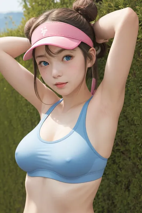 masutepiece,Best Quality,1girl in,RO1,Hair bun,Blue eyes,Twin-tailed,Visor Cap,Sportsbra,pink bows,wrist watch,closes mouth,tussock,armpits,bra lift, shirt lift, breasts, nsfw:1.5