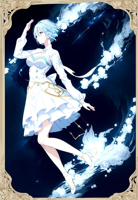 Character (adult woman) (light blue hair) (white dress-style clothing) (character in dynamic pose) (full body in frame) (starry night sky background)