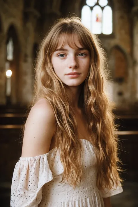 realistic photo of a 17-year-old girl, beautiful face, cute appearance, long wavy blonde hair with bangs, freckles, in an off-sh...