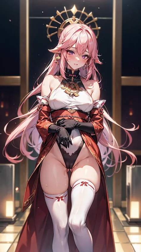 One Girl， （Urzan-6500：0.7）， K-POPアイドル， yae miko， ， Exposed bare shoulders， Pink Hair， Long white hair， Japanese Clothing， The best quality in the best condition， （da pintura：1.5）， （hair ornaments：1.35）， gem， Purple eyes， 耳Nipple Ring， ， Written boundary de...