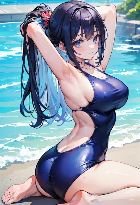 (masterpiece, Highest quality, Super detailed:1.3), Perfect composition, 4K, (Very detailed, Super detailed), Bright blue swimsuit, (Simple high-cut swimsuit)、High resolution, 8k Texture, Attention to detail, Very detailed肌の質感, Magnificent details, High Sh...