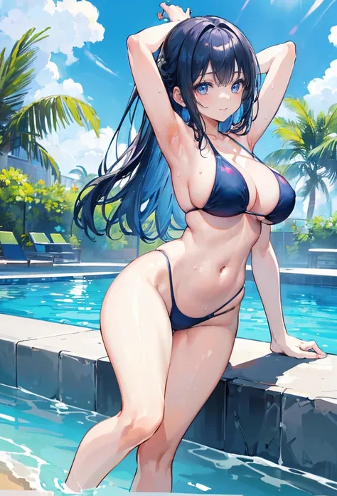 (masterpiece, Highest quality, Super detailed:1.3), Perfect composition, 4K, (Very detailed, Super detailed), Bright blue swimsuit, (Simple high-cut swimsuit)、High resolution, 8k Texture, Attention to detail, Very detailed肌の質感, Magnificent details, High Sh...