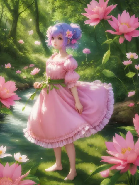 girl in a forest with floating flowers, river, puffy, puffy cheeks, cute,Fairy Flowerdress pinkhair
vibrant colors, colorful art style,  pinkdress
soft lighting, soft shadows, detailed textures, dynamic lighting,  
nice hands, perfect hands, 
