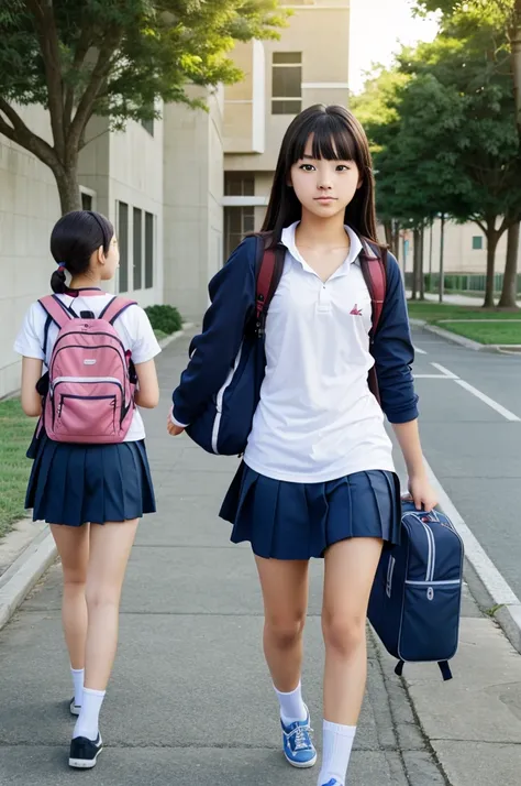 18 year old students heading to school. Picture focusing on school in 9:16 aspect ratio in anime style 