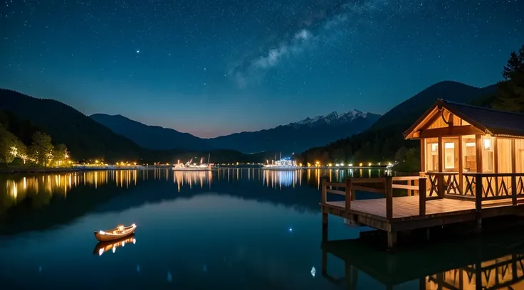 lake in the evening、Big Moonlight、Starry sky in the moonlight、Boatを漕いでる人、Boat、Lamp Light、Reflection on the water、Fantasy、mysterious、Cinematic、8K、high resolution。