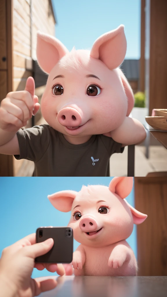 "A pig character, not a human. 3D rendered illustration of a cute anthropomorphic pig with pink skin, a pig snout, and small pig ears. Chibi-style character taking a selfie. Big round eyes, soft pastel colors, smooth textures. Kawaii aesthetic, Pixar-inspi...