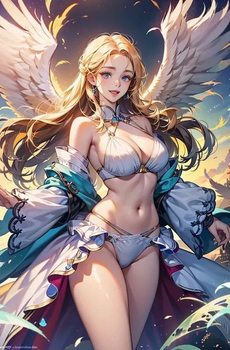 最high quality, high quality, 8K、High resolution,Highest quality、solo、胸に翼のある白いビキニ姿のtallのadult female angelを下から、Very beautiful proportions、belly button、Thighs、tall、Adult woman in a white bikini, Archangel Style、super Wild Angel, A happy open-mouthed smile、Th...