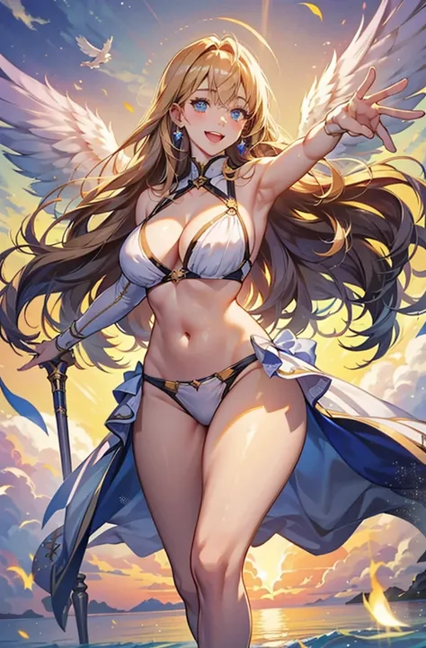 最high quality, high quality, 8K、High resolution,Highest quality、solo、胸に翼のある白いビキニ姿のtallのadult female angelを下から、Very beautiful proportions、belly button、Thighs、tall、Adult woman in a white bikini, Archangel Style、super Wild Angel, A happy open-mouthed smile、Th...