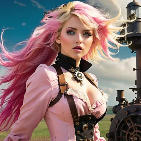 best quality, masterpiece, oral rape, upper body, woman, ruined makeup, blonde hair blown in the wind, shining eyes, steampunk nude style, thin clothes, pink clothes, pink hair, (cum on breasts:1.2)