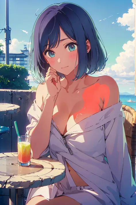 (Highest quality:1.4、8K:1.4、detailed)、F cup bust、Big Breasts、Slim body、Very white beautiful skin、((((1 person、Surprised expression、sit、Chair、In the background are the urban buildings of Tokyo、looking at the camera、Outdoor café terrace、Navy hair color、juice...