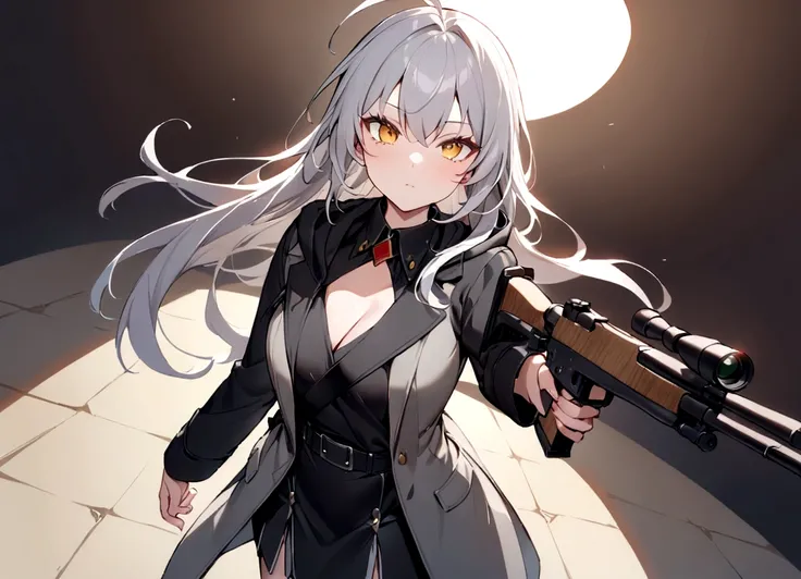 Cat ear、Cat ear、Gun on shoulder、(masterpiece, best quality:1.2), 1girl, 独奏,Black military uniform、Looking through the scope、Point your gun at us、Grey long hair、Ahoge、Yellow Eyes、Ready your gun?、sniper rifle、Background of military bases、Fisheye Lens、battlef...