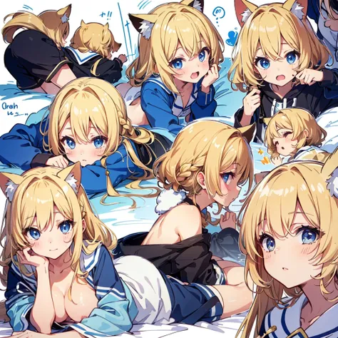 {{Top Quality}}, {{Very Detailed, High Detailed Face, High Detailed Beautiful Eyes, Super Detailed: 1.3), (Delicate Illustration: 1.2)}}, {{{Top Quality}}}, blonde hair,Braid hair,,nsfw,lying,DeepDanbooru,flat chest,,chibi ,oily skin,top-down bottom-up,flu...