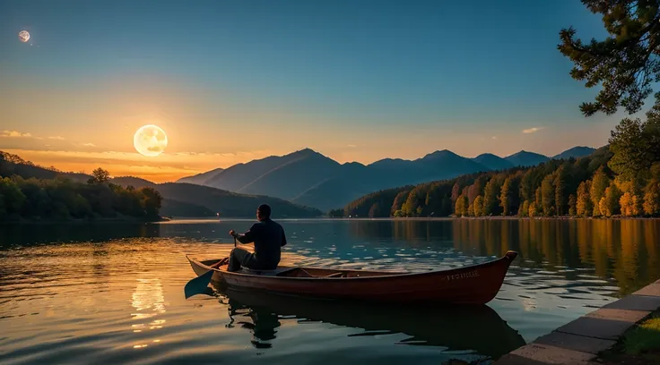 Sailing a big ship、lake in the evening、Big full moon、A man rowing a boat、Lamp Light、Reflection on the water、Fantasy、mysterious、Cinematic、8K、high resolution。