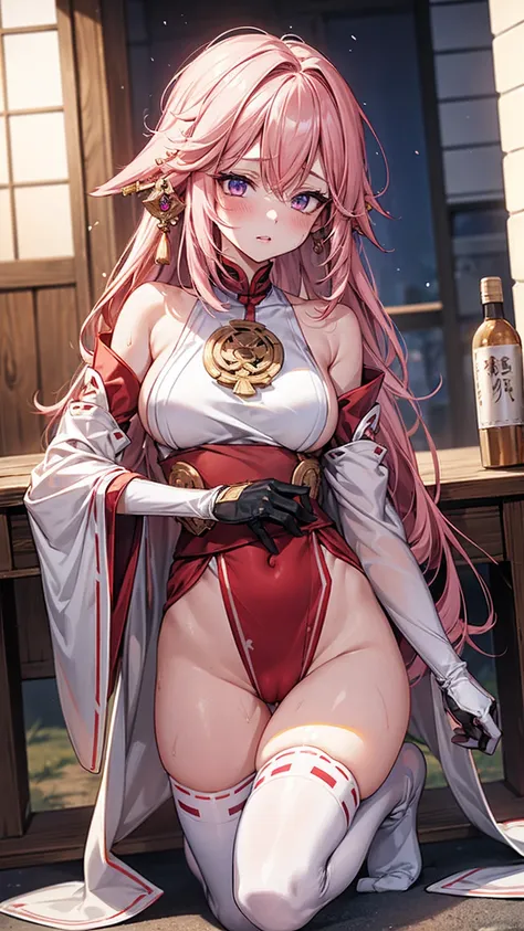 One Girl， （Urzan-6500：0.7）， K-POPアイドル， yae miko， ， Exposed bare shoulders， Pink Hair， Long white hair， Japanese Clothing， The best quality in the best condition， （da pintura：1.5）， （hair ornaments：1.35）， gem， Purple eyes， 耳Nipple Ring， ， Written boundary de...