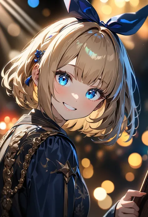 (((One girl))), Shibuya, blond hair, bob cut, (looking at viewer), upper body, breasts, teenager, head tilt:1.3, (((blue eye))), constricted pupils, (from side:1.3), ((happy smile)), gothic lolita:1.3, hair ornament, hair ribbon, anime style, (best quality...