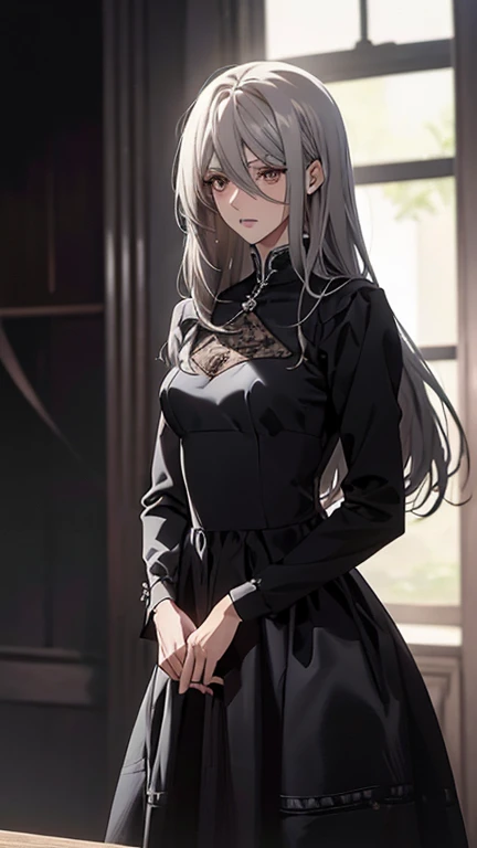 (confused, high resolution, very detailed), 1 female, silver hair,long hair,reddish brown eyes,black long dress,formal wear,20th...