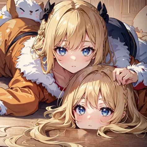 
{{Top Quality}}, {{Very Detailed, High Detailed Face, High Detailed Beautiful Eyes, Super Detailed: 1.3), (Delicate Illustration: 1.2)}}, {{{Top Quality}}}, Blonde, braided hair, lying down, deep cardboard, flat chest, top down bottom up, fluffy animal co...