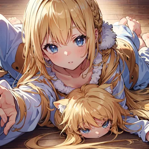 
{{Top Quality}}, {{Very Detailed, High Detailed Face, High Detailed Beautiful Eyes, Super Detailed: 1.3), (Delicate Illustration: 1.2)}}, {{{Top Quality}}}, Blonde, braided hair, lying down, deep cardboard, flat chest, top down bottom up, fluffy animal co...