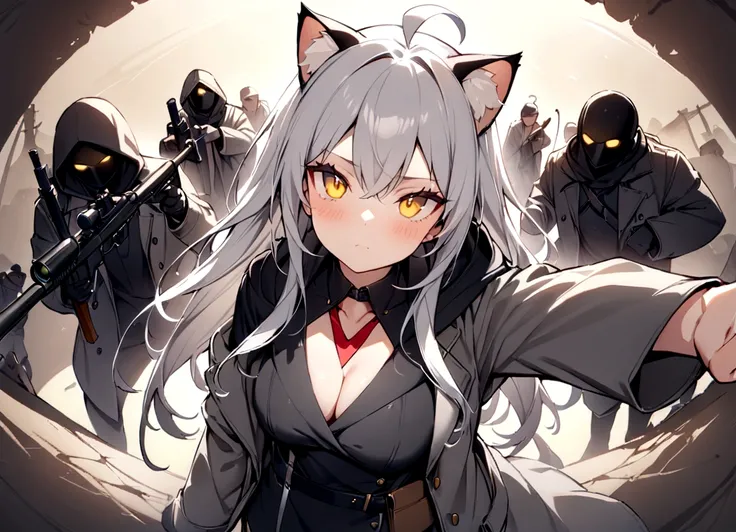 Cat ear、Cat ear、Gun on shoulder、(masterpiece, best quality:1.2), 1girl, 独奏,Black military uniform、Looking through the scope、Point your gun at us、Grey long hair、Ahoge、Yellow Eyes、Ready your gun?、sniper rifle、Background of military bases、Fisheye Lens、battlef...