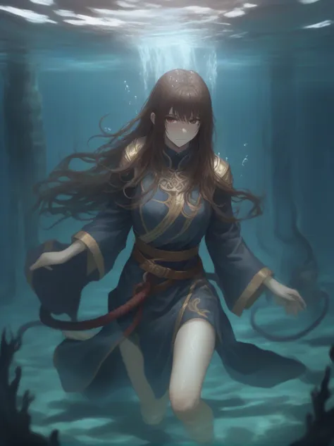 partially underwater,最high quality,high quality, , long hair, brown hair, wet hair, flat chest,dark underground labyrinth,no lig...