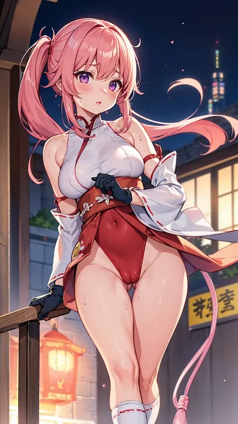 One Girl， （Urzan-6500：0.7）， K-POPアイドル， yae miko， ， Exposed bare shoulders， Pink Hair， Long white hair， Japanese Clothing， The best quality in the best condition， （da pintura：1.5）， （hair ornaments：1.35）， gem， Purple eyes， 耳Nipple Ring， ， Written boundary de...