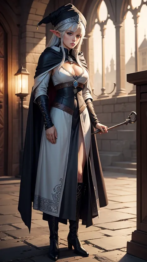 medieval setting, full view of body, 1 female elf mage,beatiful smokey eyes, silver hair, black mage robe with gambeson, wizard hat, leather boots